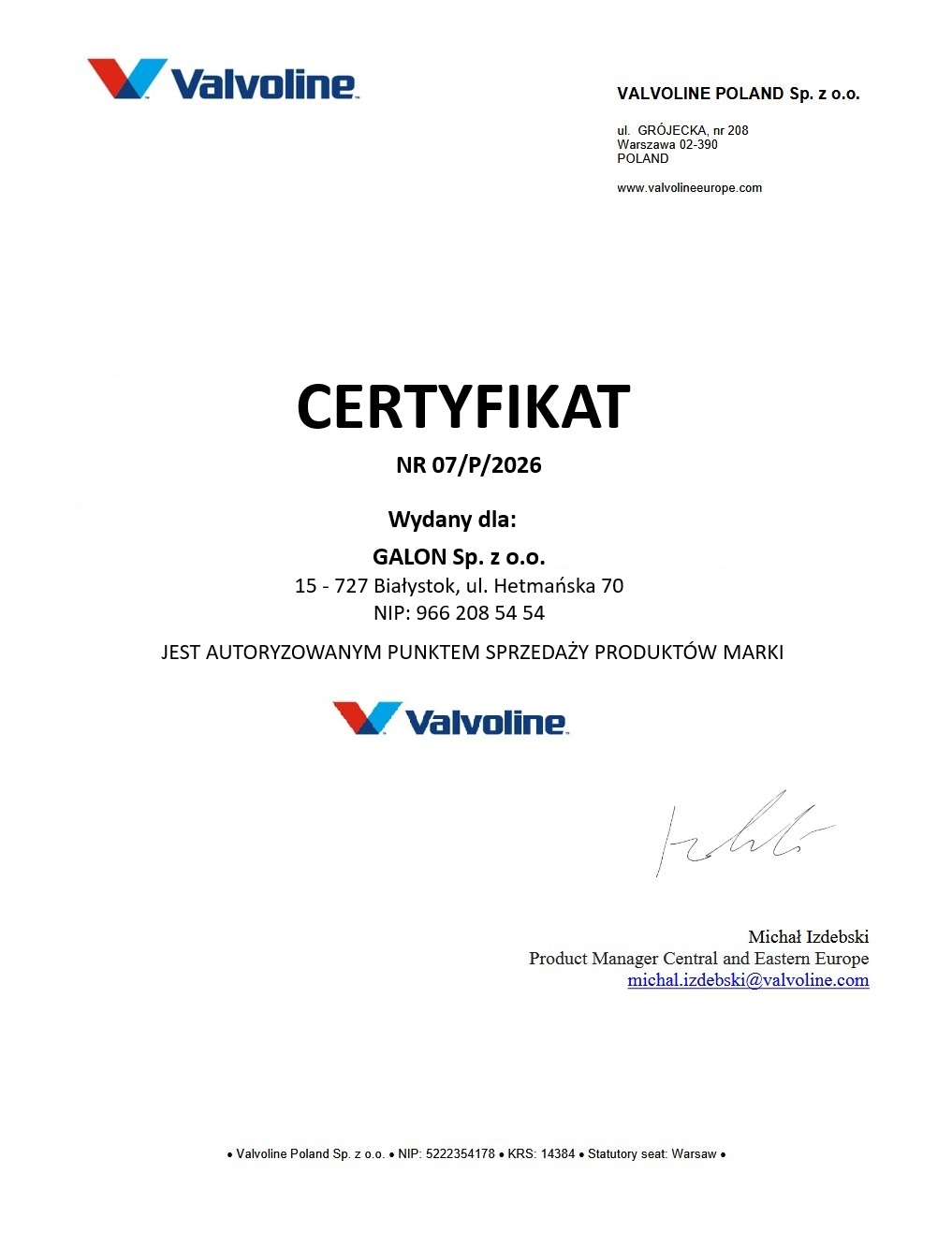 Certyfikat Valvoline 2026